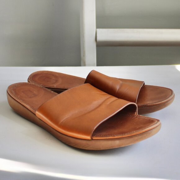 FitFlop Leather Sola Tan Women's Slip-On Platform Sandals Size 10 - Picture 3 of 8